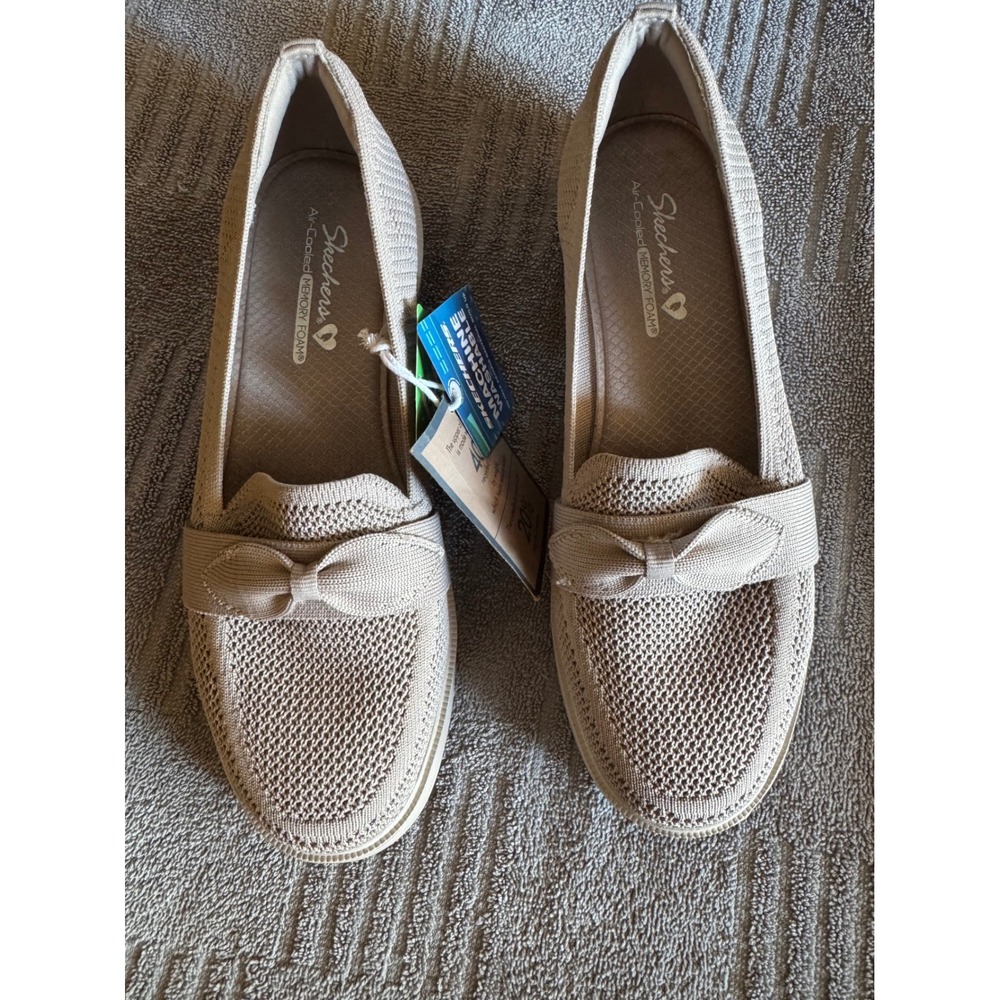 Skechers Our Planet Taupe Knit Bow Loafers size 7 Memory Foam NEW NWT